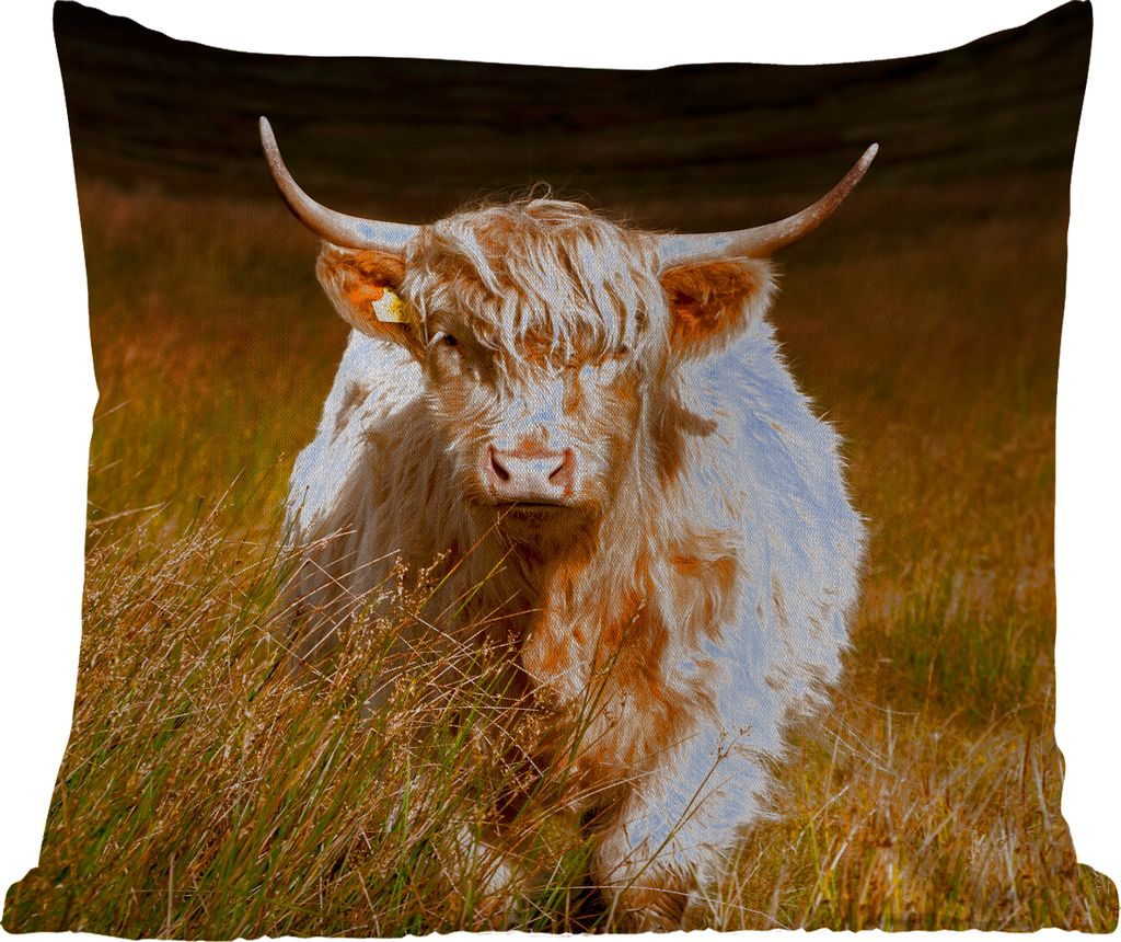 MuchoWow Outdoor Kissen - Schottische Hochlandrind - Licht - Gras - Tiere - 60x60 cm - Wetterfest - Lounge Kissen - Dekoration - Schlaf Kissen