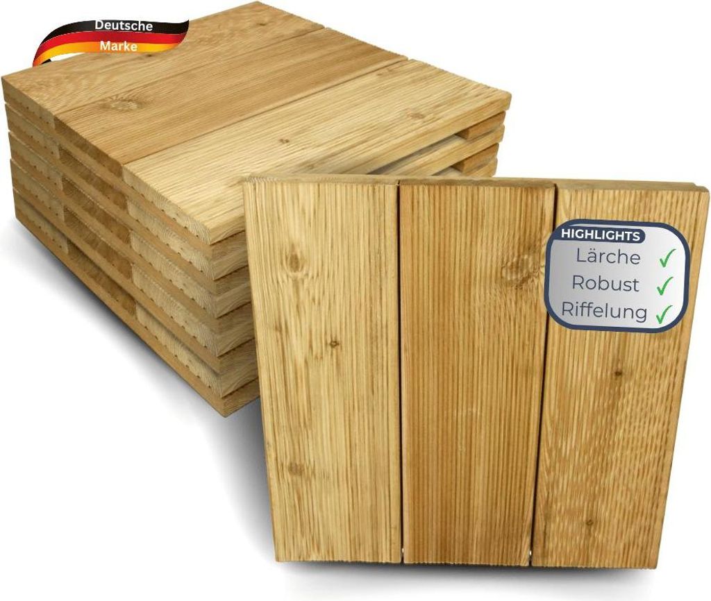 Holzfliese Lärchenholz 43x43cm - Fliese Geriffelt | Terrassenfliese Holz quadratisch Terrassendiele mit Unterkonstruktion Balkon Bodenfliese
