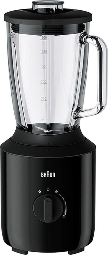 A black Braun blender is shown against a white background.