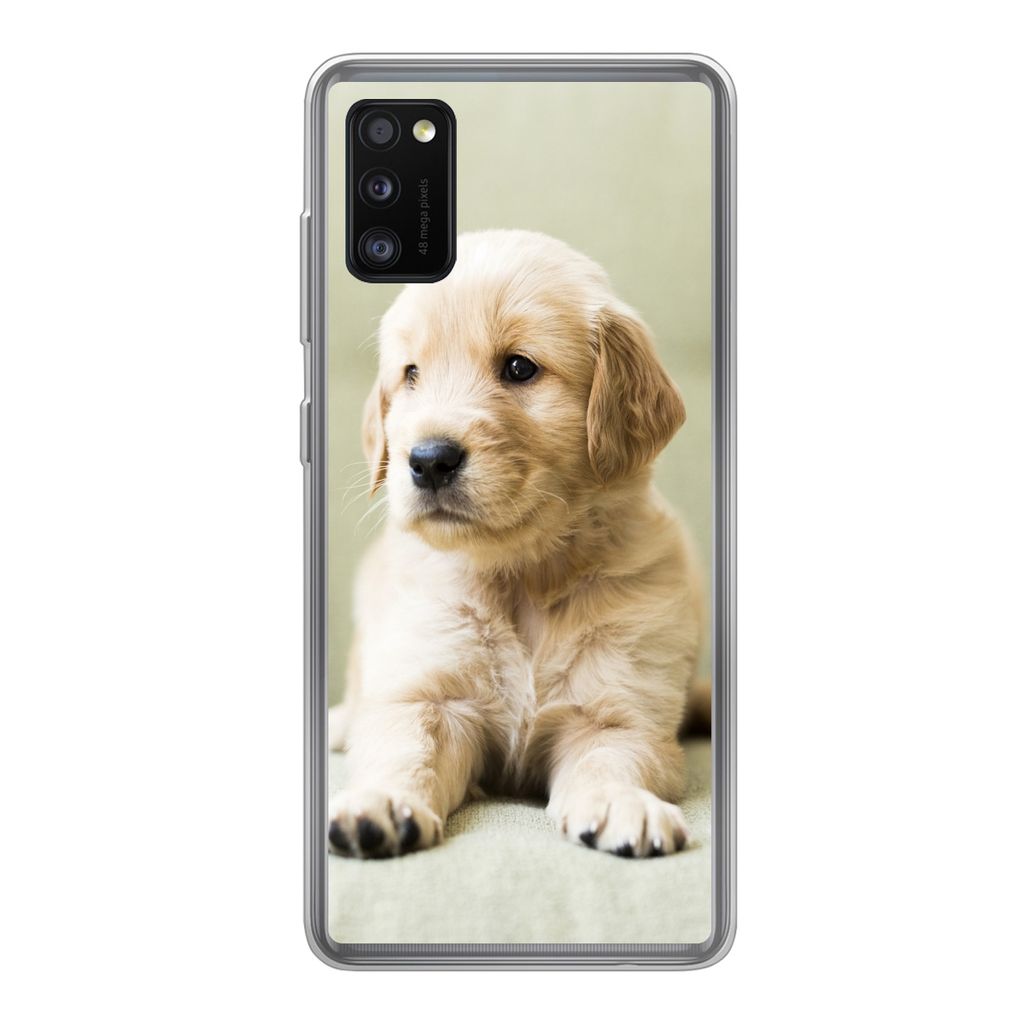 MuchoWow Handyhülle Schutzhülle Hülle für Samsung Galaxy A41 Golden Retriever Welpe auf dem Sofa liegend Silikon Softcase Handy Hülle - Mobi...