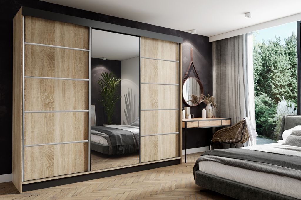 Schiebetürenschrank AMO 250x200, Kleiderschrank, 3-türig, mit Spiegel - Sonoma Eiche (Korpus, Tür) + Schwarz (Leisten) + Silbern (Lamellen)