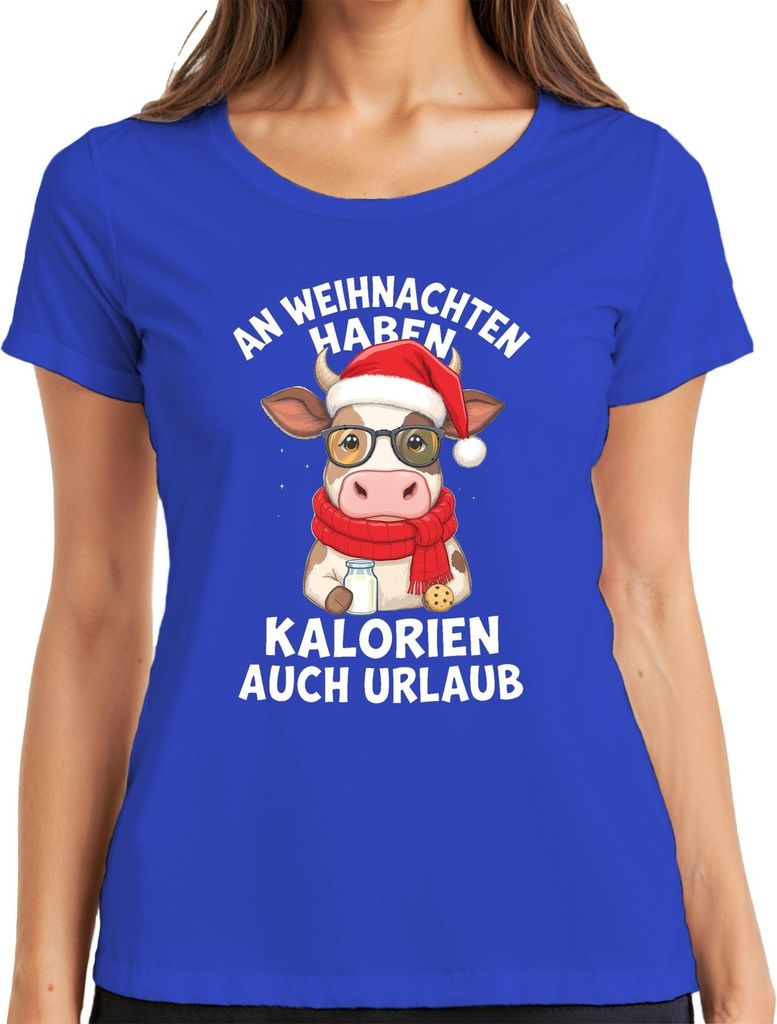An Weihnachten haben Kalorien auch Urlaub Kuh Geschenk Lustig Damen T-Shirt, Blau, S