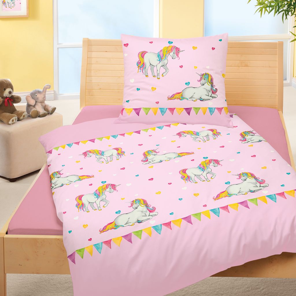 Bierbaum Kinder Biber Bettwäsche 2 tlg. 135x200cm Dinosaurier Pferde Astronaut Bauernhof Einhorn Fußball Baustelle, Farbe:Einhorn