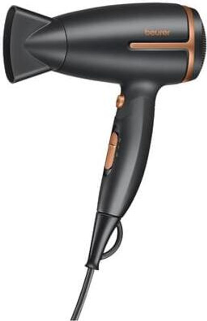 A black and bronze hair dryer is shown against a white background.