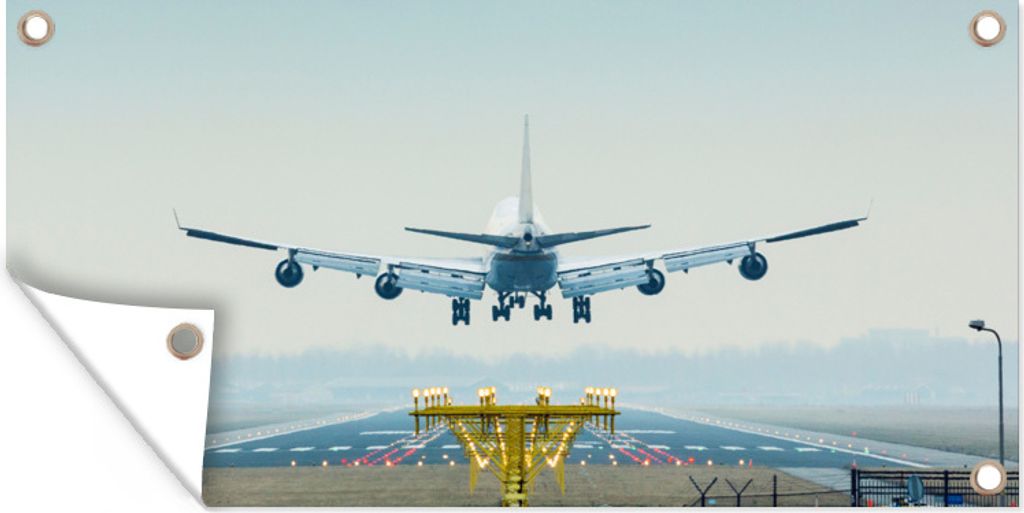 MuchoWow 80x40 cm Outdoor-Poster Gartendeko Sichtschutz Garten Poster für den Garten Flugzeug landet in Schiphol