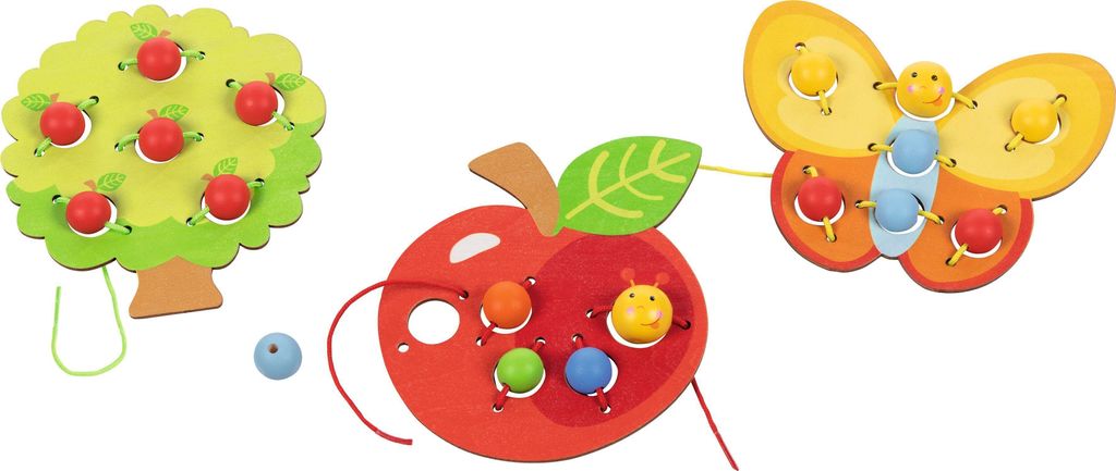 Fädelspiel Obstgarten, 3 Motive (Apfel, Baum, Schmetterling)