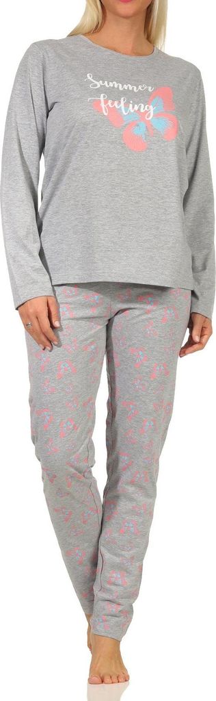 Damen langarm Schlafanzug Pyjama mit Schmetterlingsmotiv - 122 201 10 811 ; grau , 44