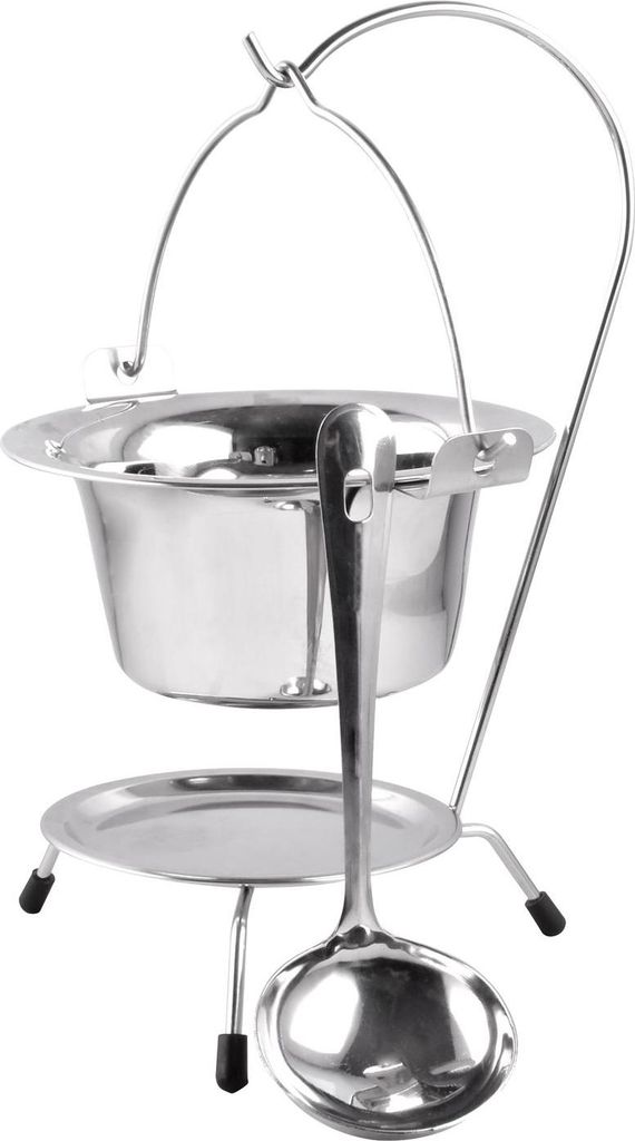 A stainless steel serving set with a mini-kettle, stand, and ladle.