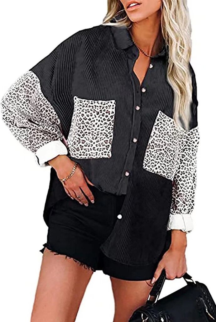 ASKSA Damen Bluse Reverskragen Langarm Shirts Cord Oversized Hemdjacke Knöpfen Cardigan Oberteil, Schwarz, M