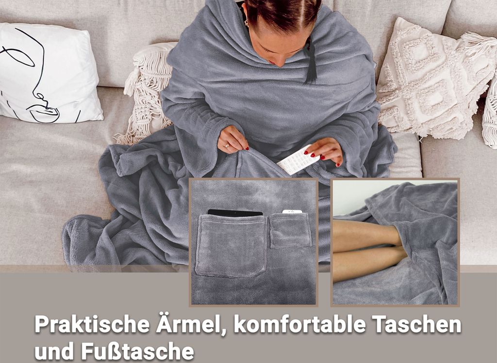 Kuscheldecke mit Ärmeln, 170x200 cm, grau Produktbild 3