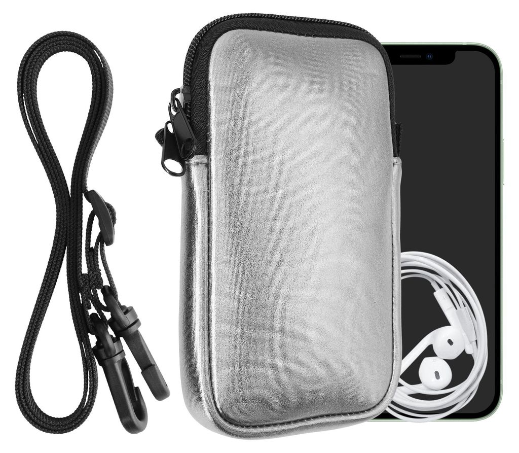 kwmobile Handytasche für Smartphones L - 6,5" - Neopren Handy Hülle Metallic Grau mit Kordel - Handy Tasche mit Handykette 16,5 x 8,9 cm Innenmaße