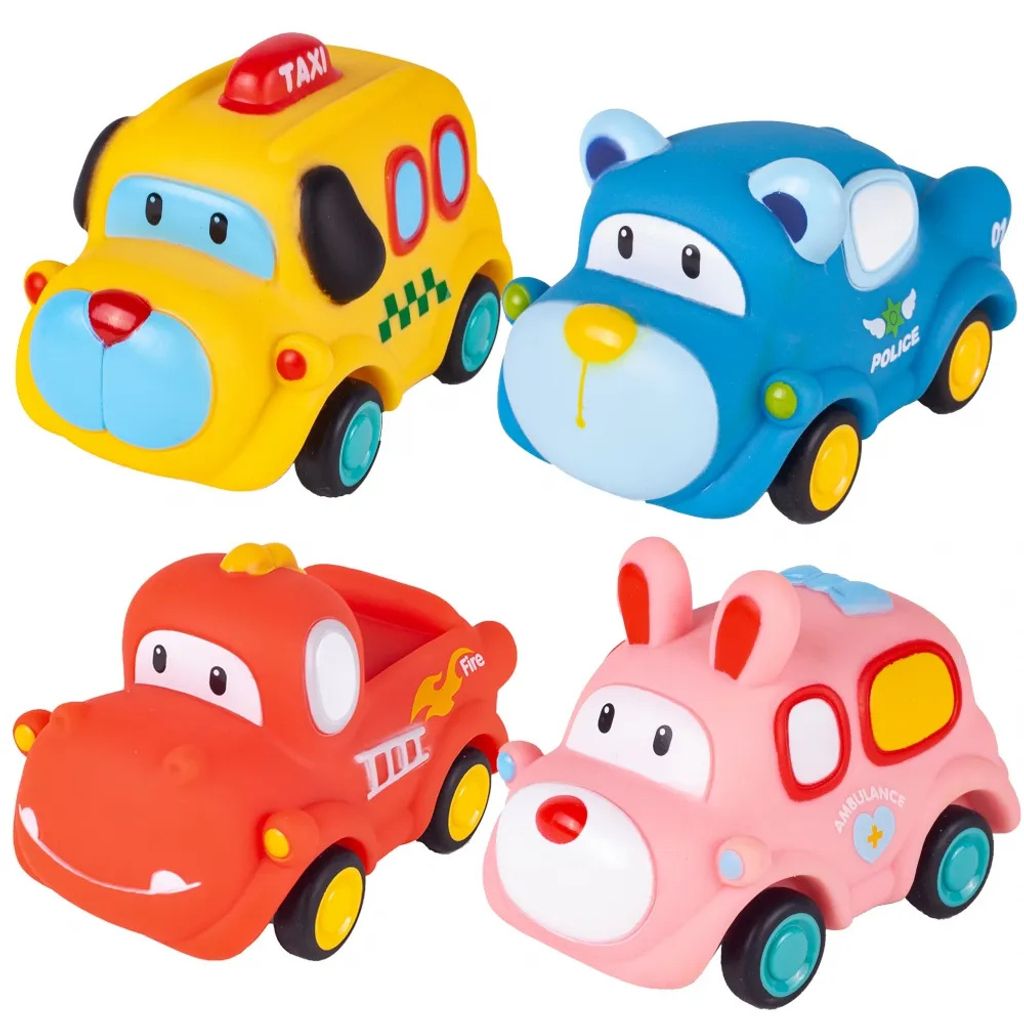 Four cartoon-like toy cars arranged in a grid.