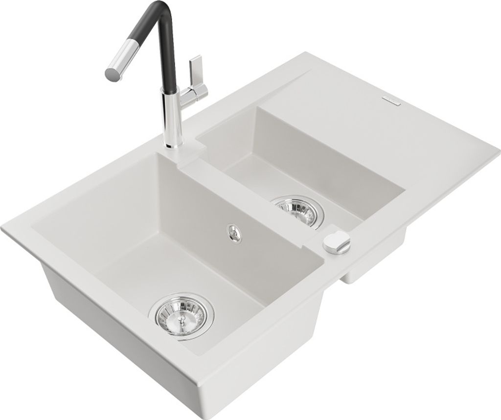 Mexen Gaspar 1,5-Becken-Granitspüle mit Abtropffläche und Mischbatterie Flora, Weiß - 6507-20-670401-07