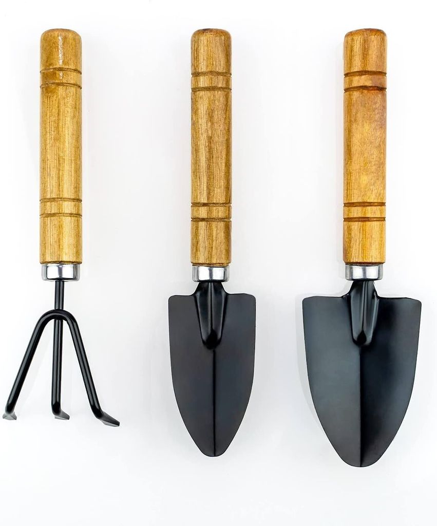 3PC Gartengeräte-Set: Harke, Spaten, Schaufel - Holzgriffe - Bestes Set für die Pflege von Topfpflanzen-Ergonomisches Design für kleine Hände -...