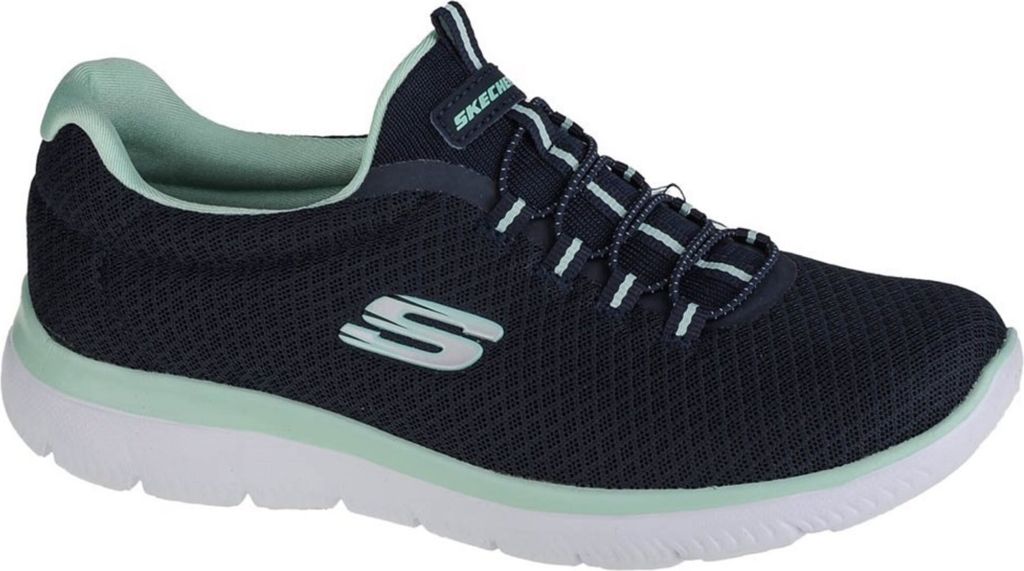A side view of a navy blue Skechers shoe with mint green accents.
