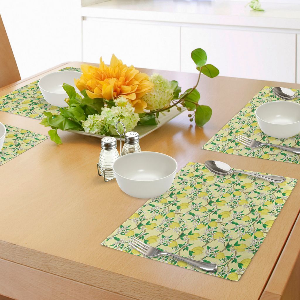 ABAKUHAUS Zitronen Platzmatten, Blühende Zitronen-Blumen auf Baumasten mit den Knospen und den Reifen Früchten, Tiscjdeco aus Farbfesten Stoff f...