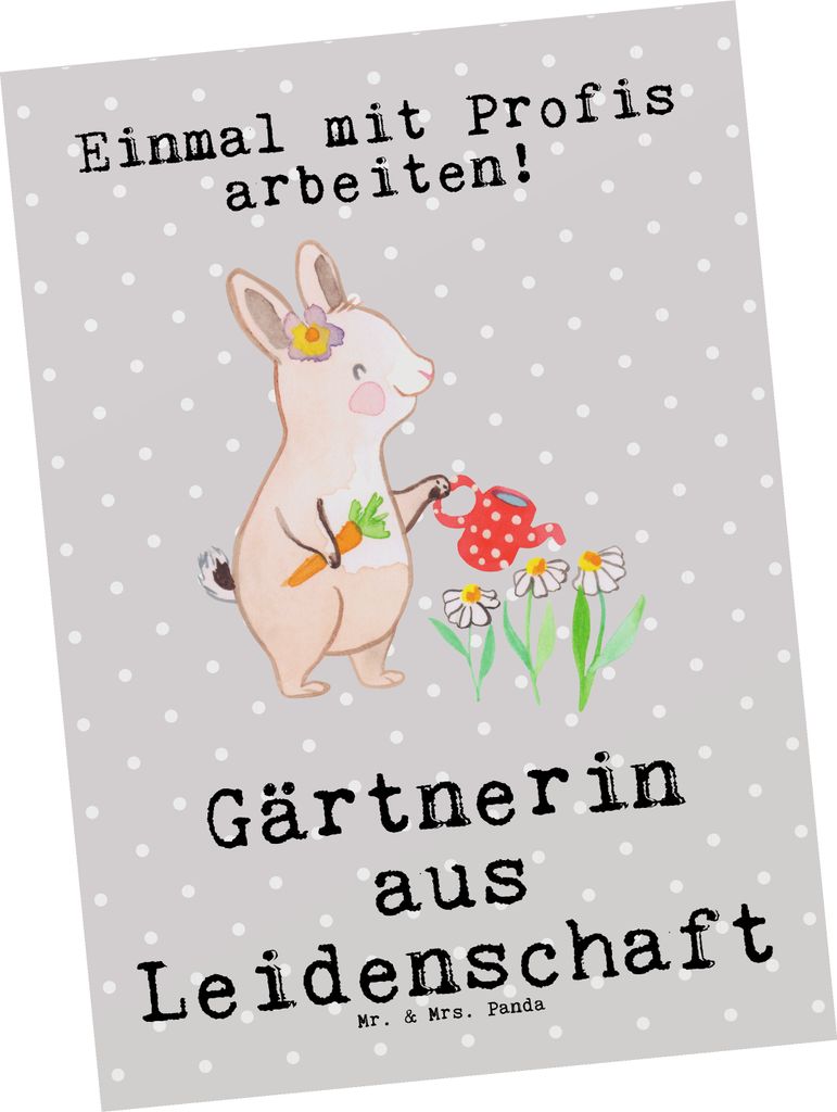 Mr. & Mrs. Panda Postkarte Gärtnerin Leidenschaft - Grau Pastell - Geschenk, Lustig, Ansichtskarte, Spruch, Grußkarte, Postkarten, Gartenbau, Ans...