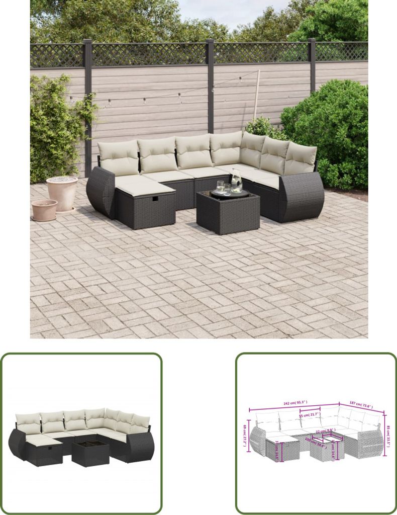 The Living Store 8-tlg. Garten-Sofagarnitur mit Kissen Schwarz Poly Rattan