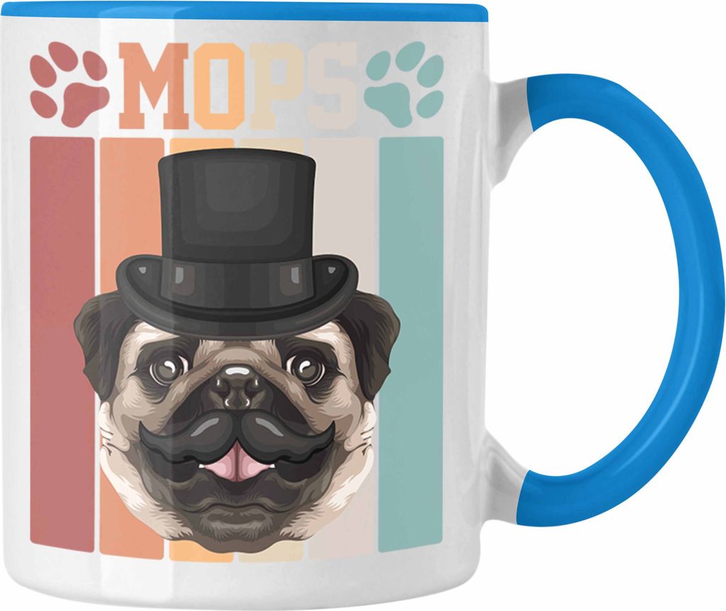 Trendation - Mops Besitzer Tasse Geschenk Lustiger Spruch Geschenkidee Retro Vinatge Mops (Blau)