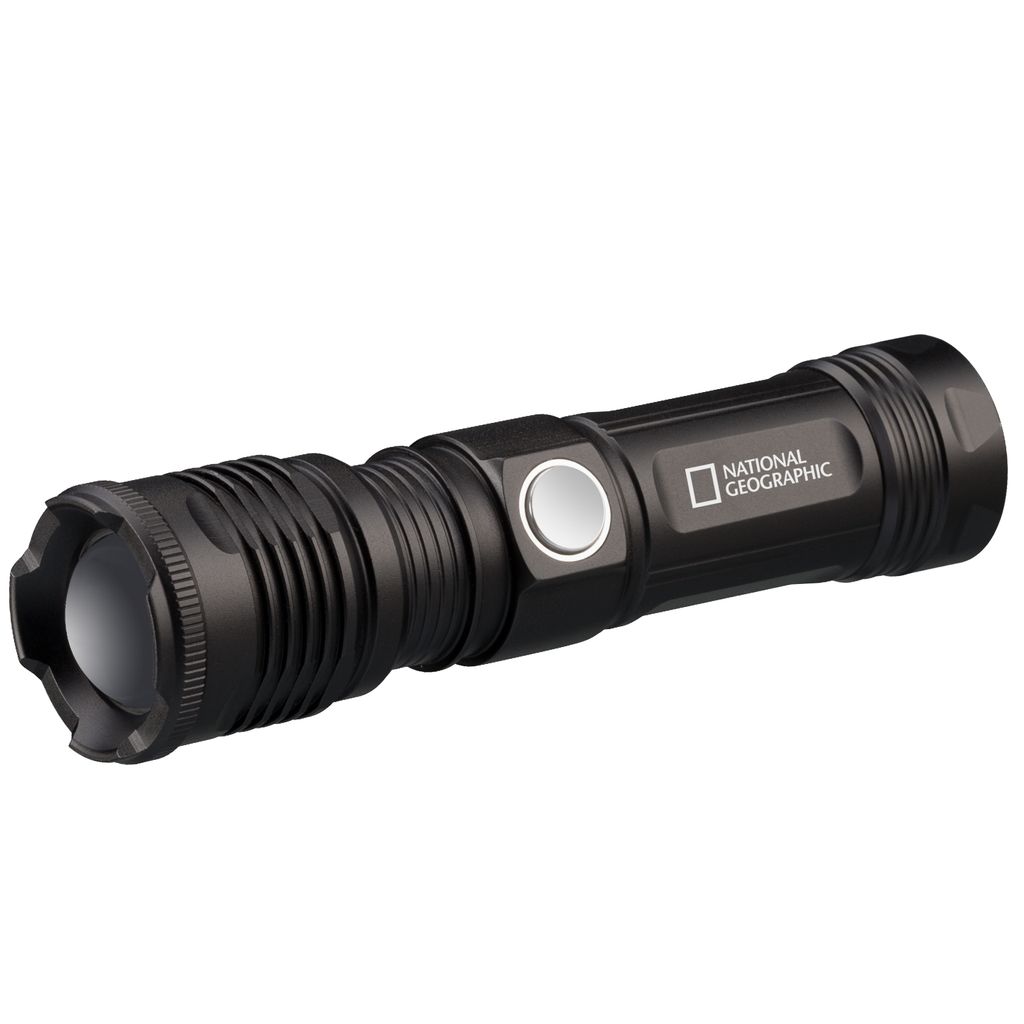 A black National Geographic flashlight is shown against a white background.