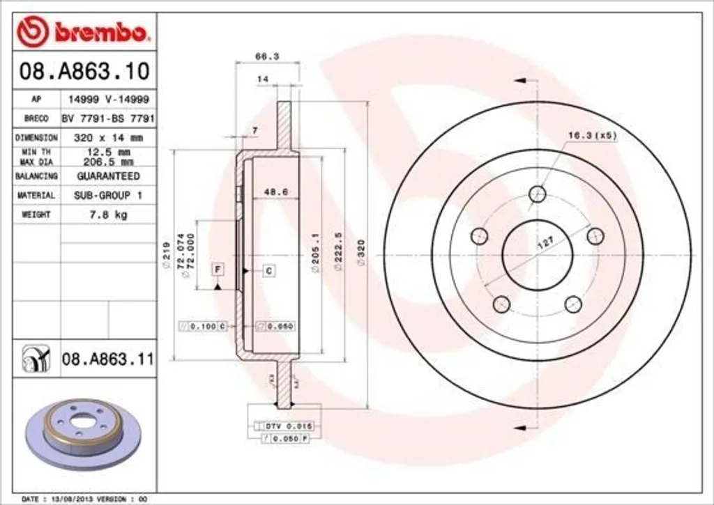 Éliminez les vibrations : Disque de frein Brembo 08.A863.10 pour Jeep WK