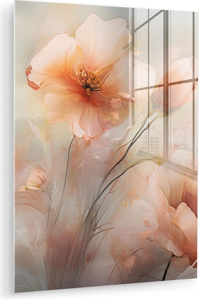 MuchoWow Glasbilder - Bilder auf Wandbild - Foto auf Glas Blumen - Pastell - Kunst - Mohnblumen - Aquarell 30x40 cm Wanddekoration aus Glas - Acryl...