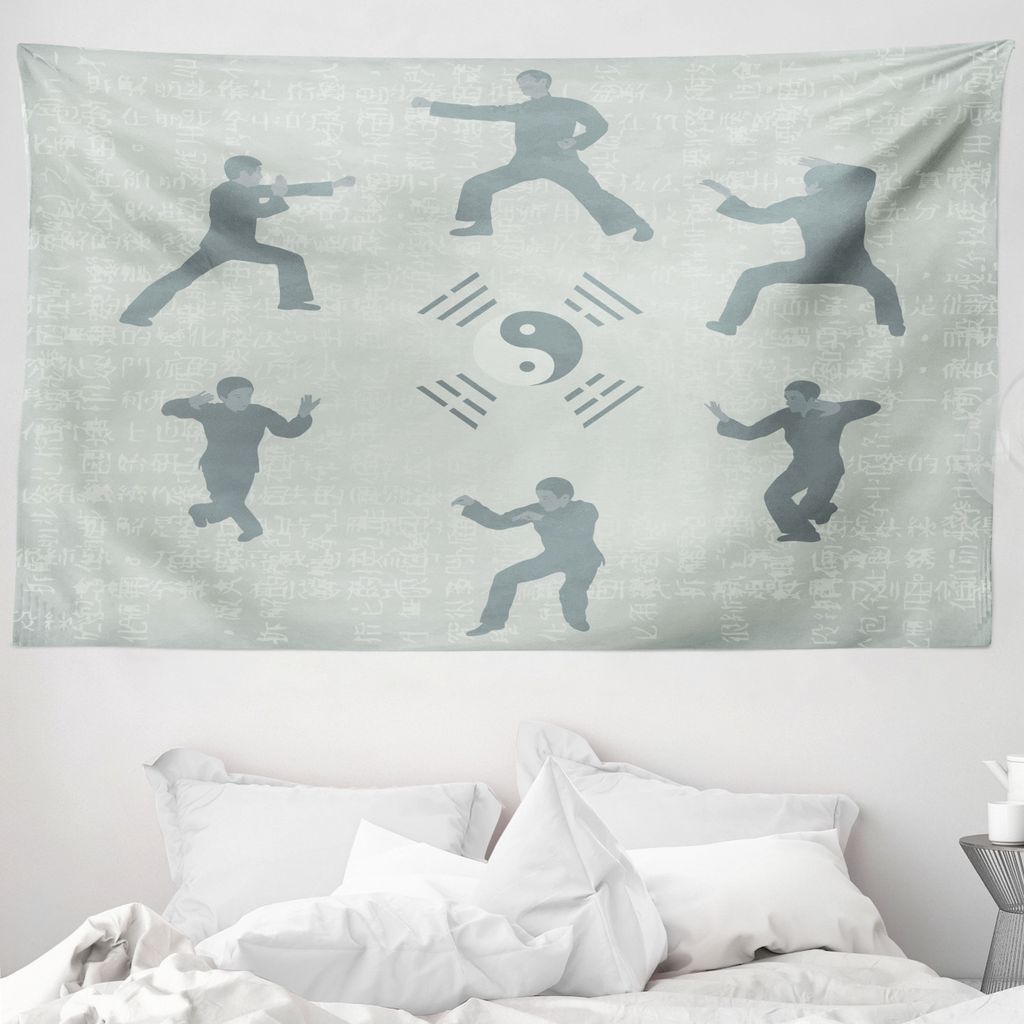ABAKUHAUS Kung Fu Wandteppich, Yin Yang und Karate Poses aus Weiches Mikrofaser Stoff Waschbar ohne Verblassen Digitaldruck, 230 x 140 cm, Weises G...