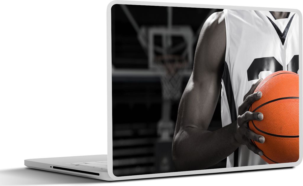 MuchoWow Laptop Aufkleber Sticker Cover Schwarzer und weißer Basketballspieler mit einem orangefarbenen Basketball 36.5x27.5 cm - Laptop-Sticker