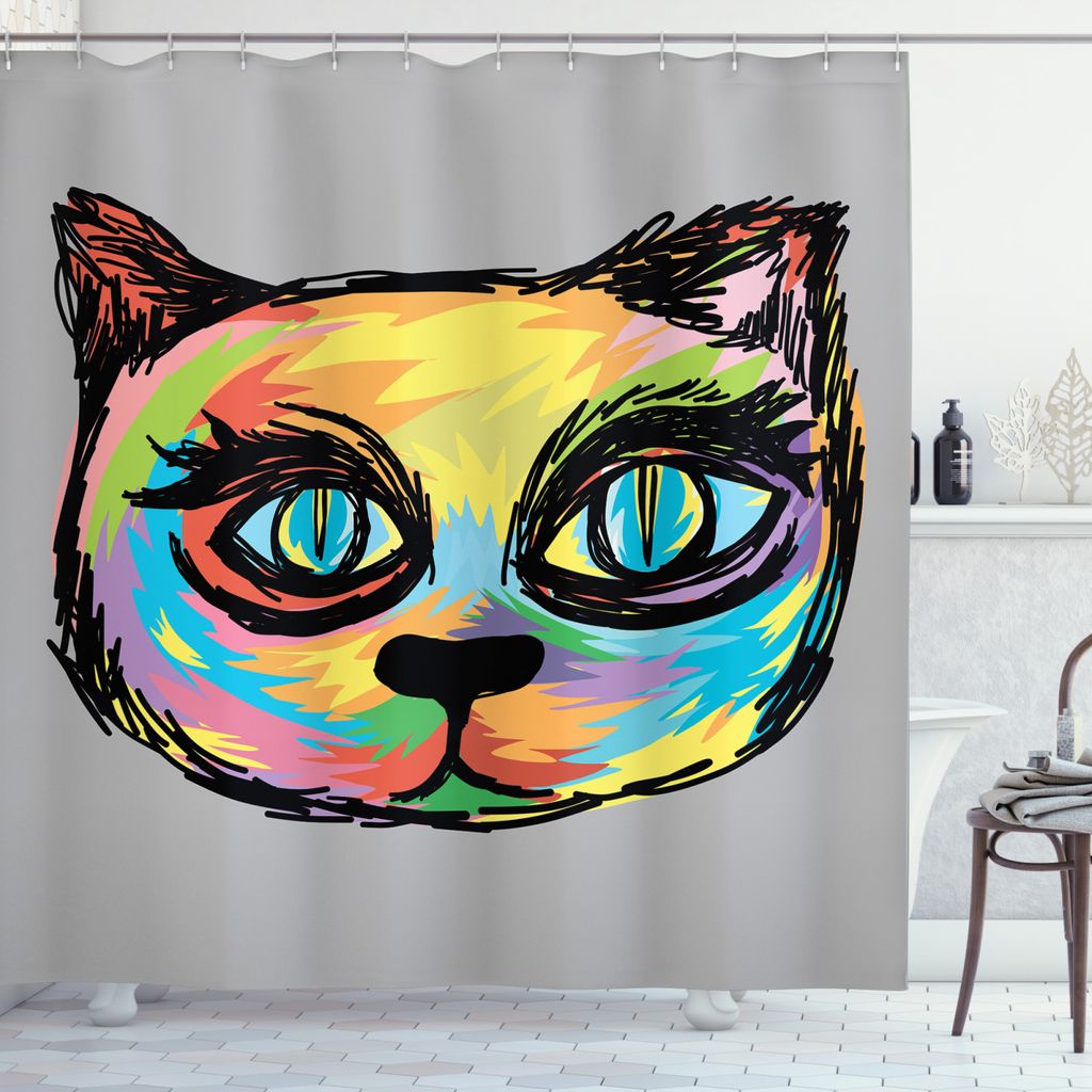 ABAKUHAUS Katze Duschvorhang, Sketch Art Dunkel Big Eyes, Personenspezifisch Druck inkl.12 Haken Farbfest Dekorative mit Klaren Farben, 175 x 180 c...