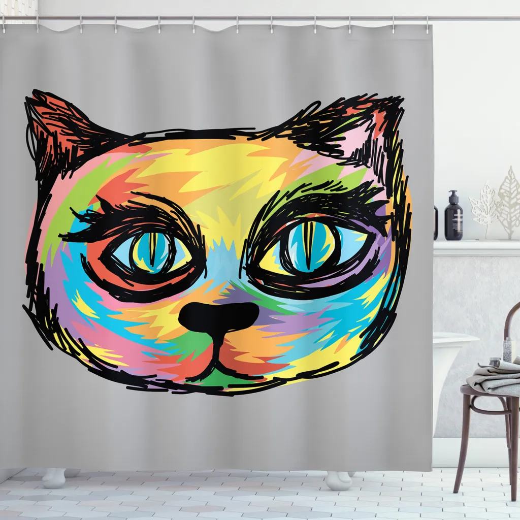 Grand rideau de douche imperméable 175 x 240 cm motif Chat Multicolore