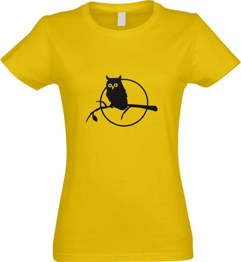 Kiwistar - T-Shirt tailliert - Damen - gelb - Eule auf einem AST - Owl Branch - mit Motiv Bedruckt - Funshirt Design - Sport - Freizeit - Damen - XL