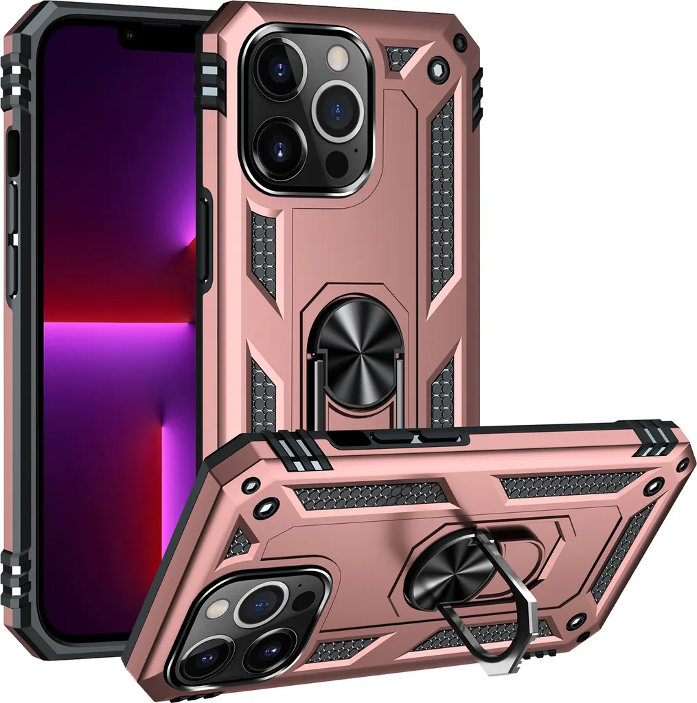 Custodia per iPhone 14 Pro Max Dual Layer Rugged, custodia di protezione militare con supporto ad anello e supporto in oro rosa