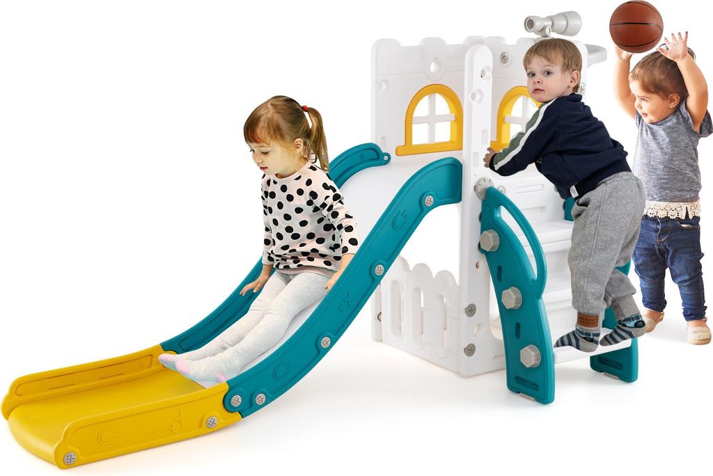 GOPLUS 6 in 1 Kinderrutsche, Kinder Rutsche aus HDPE mit Basketballkorb, Teleskop, Versteck- und Stauraum, Babyrutsche Indoor, Gelb+Grün
