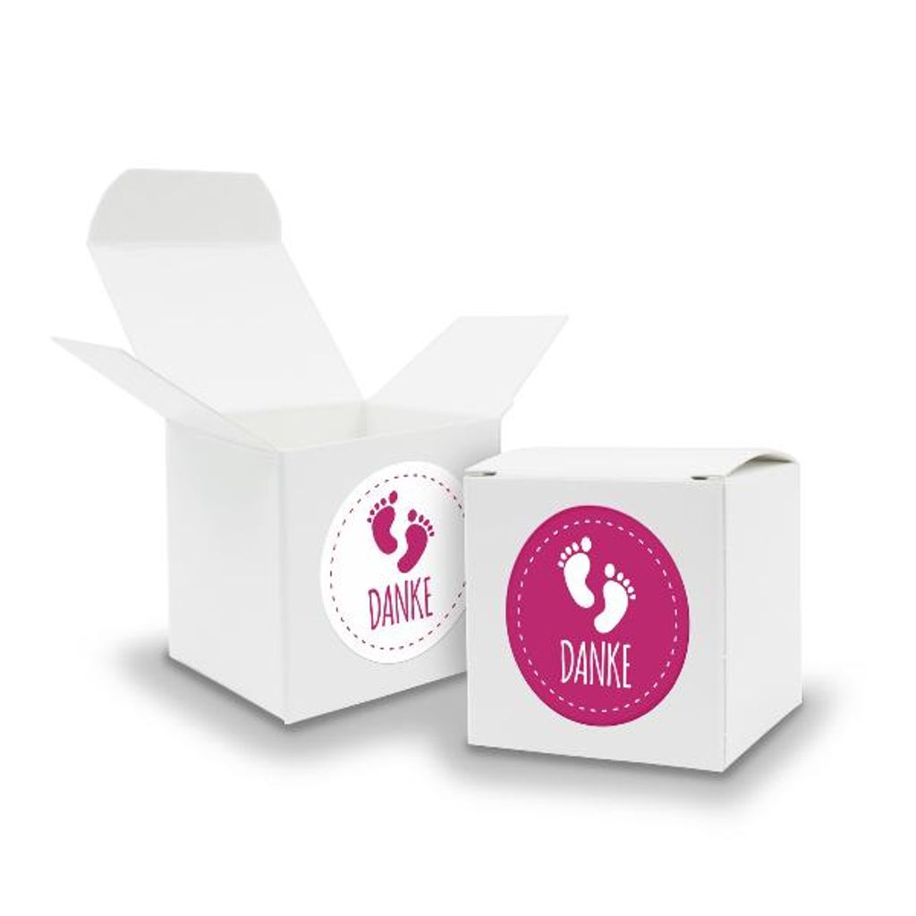 SET Danke Fußabdrücke (Motiv30) 24x Faltschachtel Würfel 6,5cm weiß + Sticker