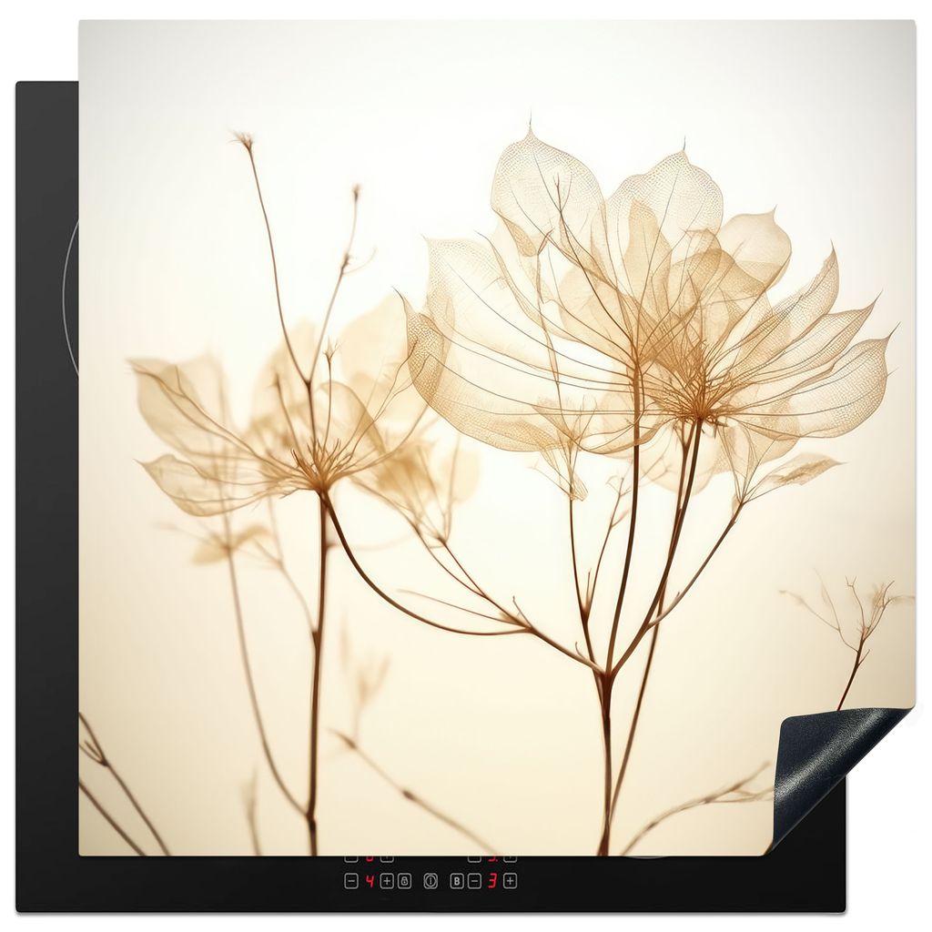 KitchenYeah Herdabdeckplatte Getrocknete Blumen - Beige - Pflanzen - Weiß , 78x78cm, Küche Deko, Glaskeramikfeld Herdabdeckung, Abdeckplatte f...