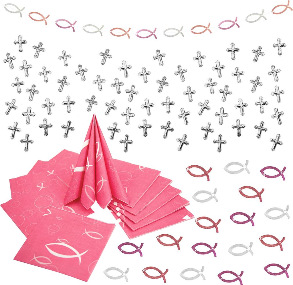 Oblique Unique Deko Set für Taufe Kommunion Konfirmation Mädchen - Luftballons + Holz Fische + Servietten - rosa pink weiß