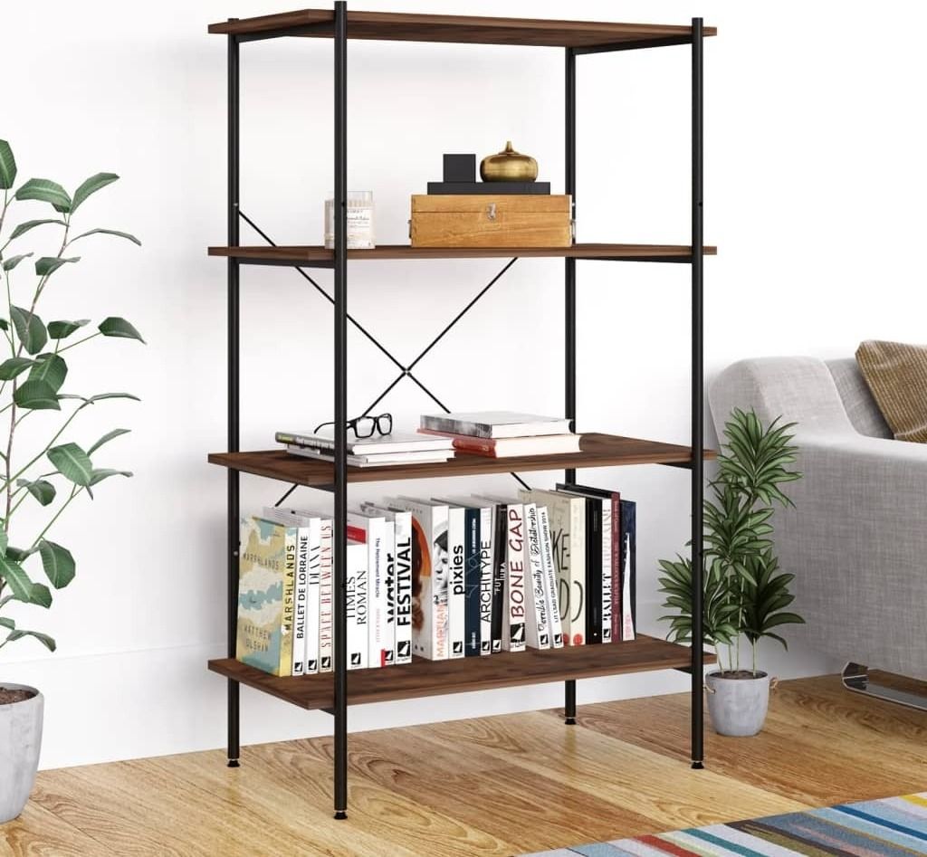 The Living Store Regal mit 4 Böden Schwarz und Natur 80x40x130 cm