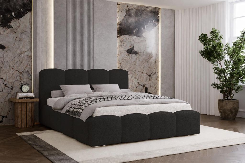 Doppelbett 140x200 Zenna - dickem Schaumstoff, Bett mit Bettkasten und Metall-Lattenrost - Bouclé Schwarz (Lambi 13)