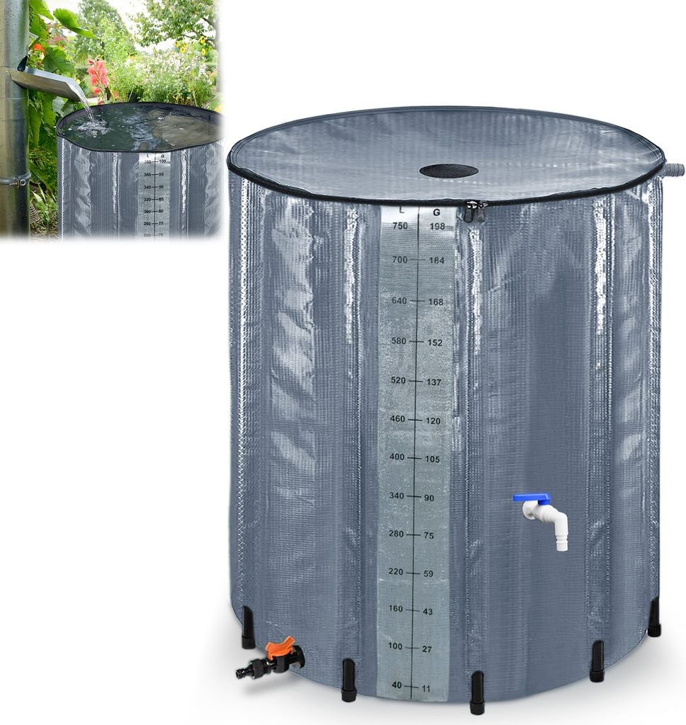 LARS360 750L Regentonne Faltbar Regenwassertonne Regenwasserfass Regenwassertank PVC Wassertank mit Ablassventil -Anthrazit mit Messskala