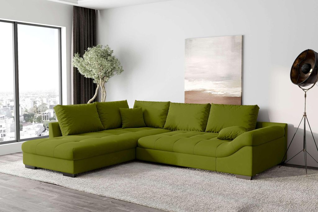 99rooms Terra Ecksofa Velours KRONOS Limette Links ohne Schlaffunktion