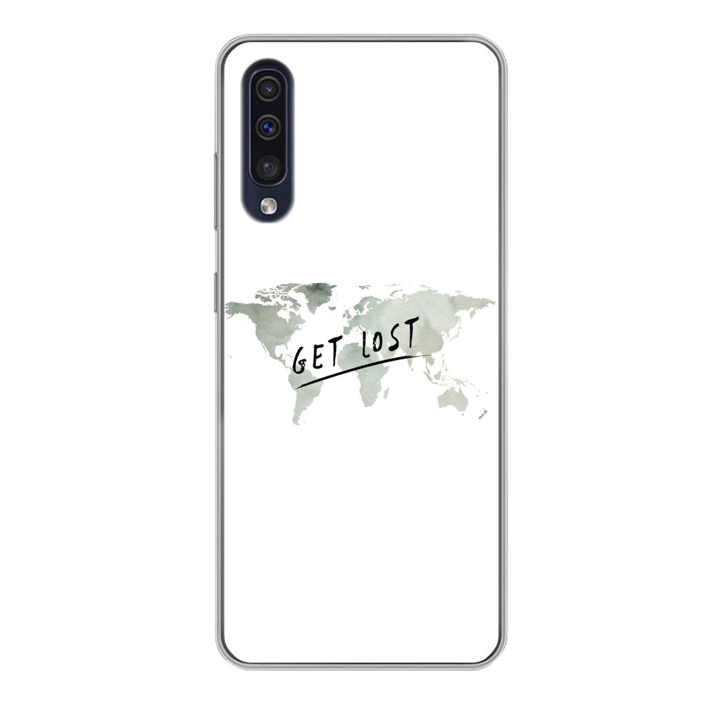 MuchoWow Handyhülle Schutzhülle Hülle für Samsung Galaxy A50 Weltkarte - Grau - Zitat Silikon Softcase Handy Hülle - Mobiltelefonhülle