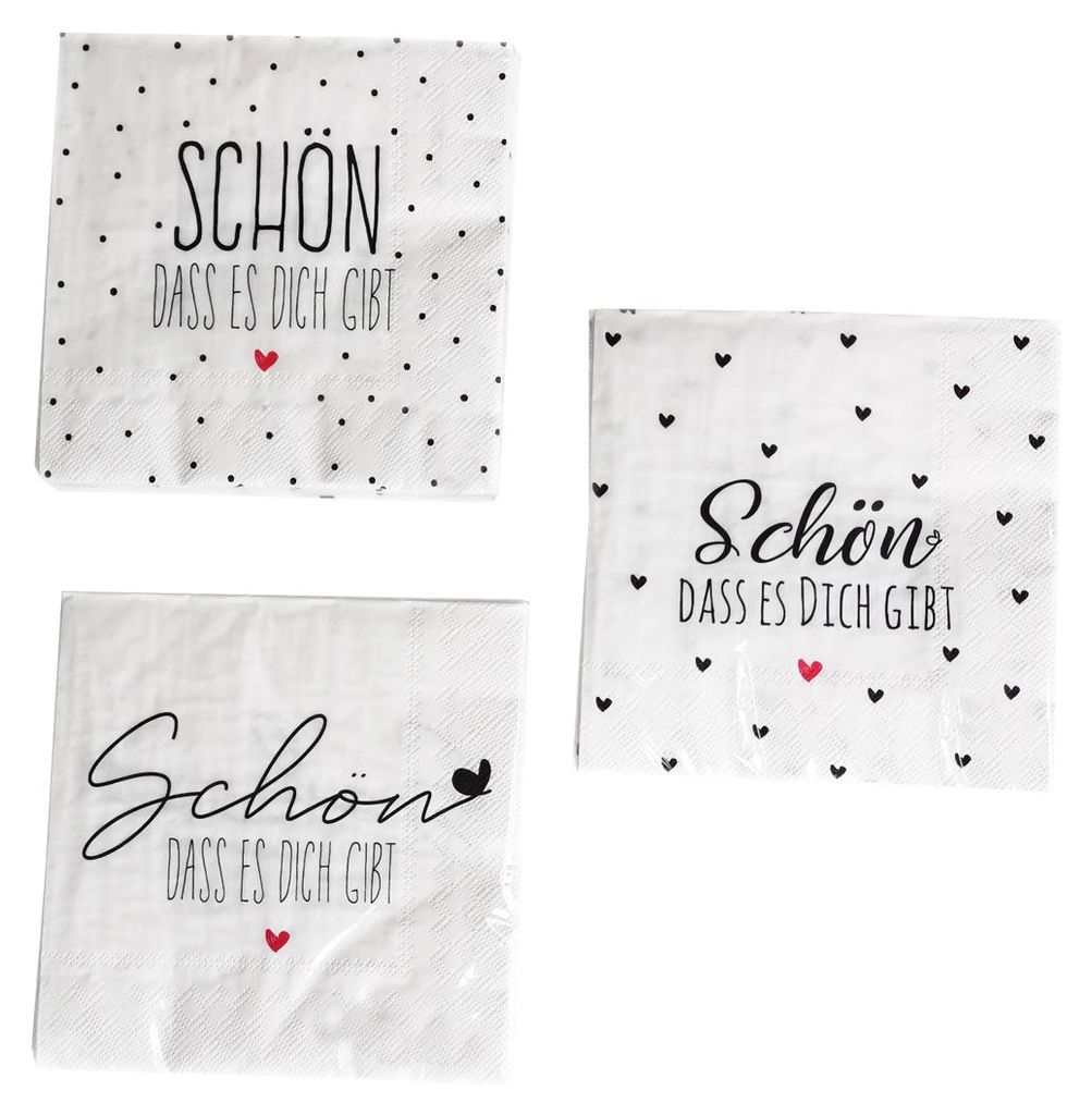 3 x 20 Servietten 'Schön dass es dich gibt' weiß, rot, Produktbild 