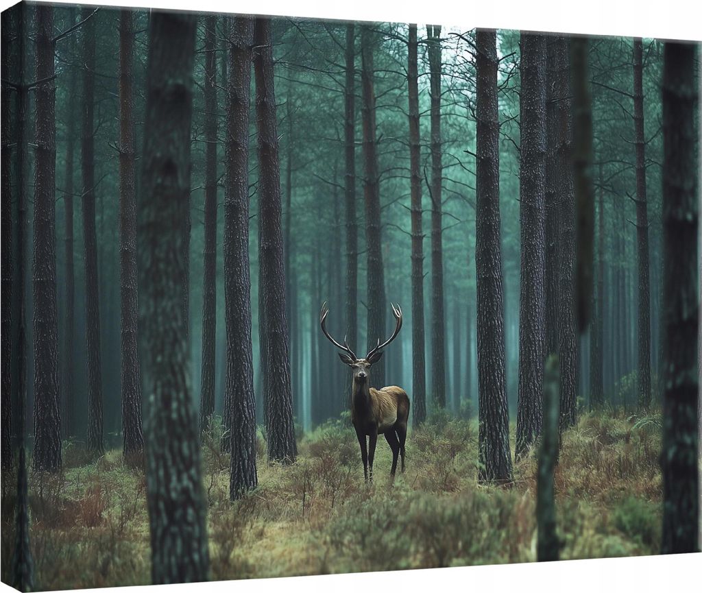 Wandbild Leinwandbild Hirsch Wald Natur 120x80 cm XXL Modern Leinwand Bilder Leinwandbilder Wohnzimmer Schlafzimmer
