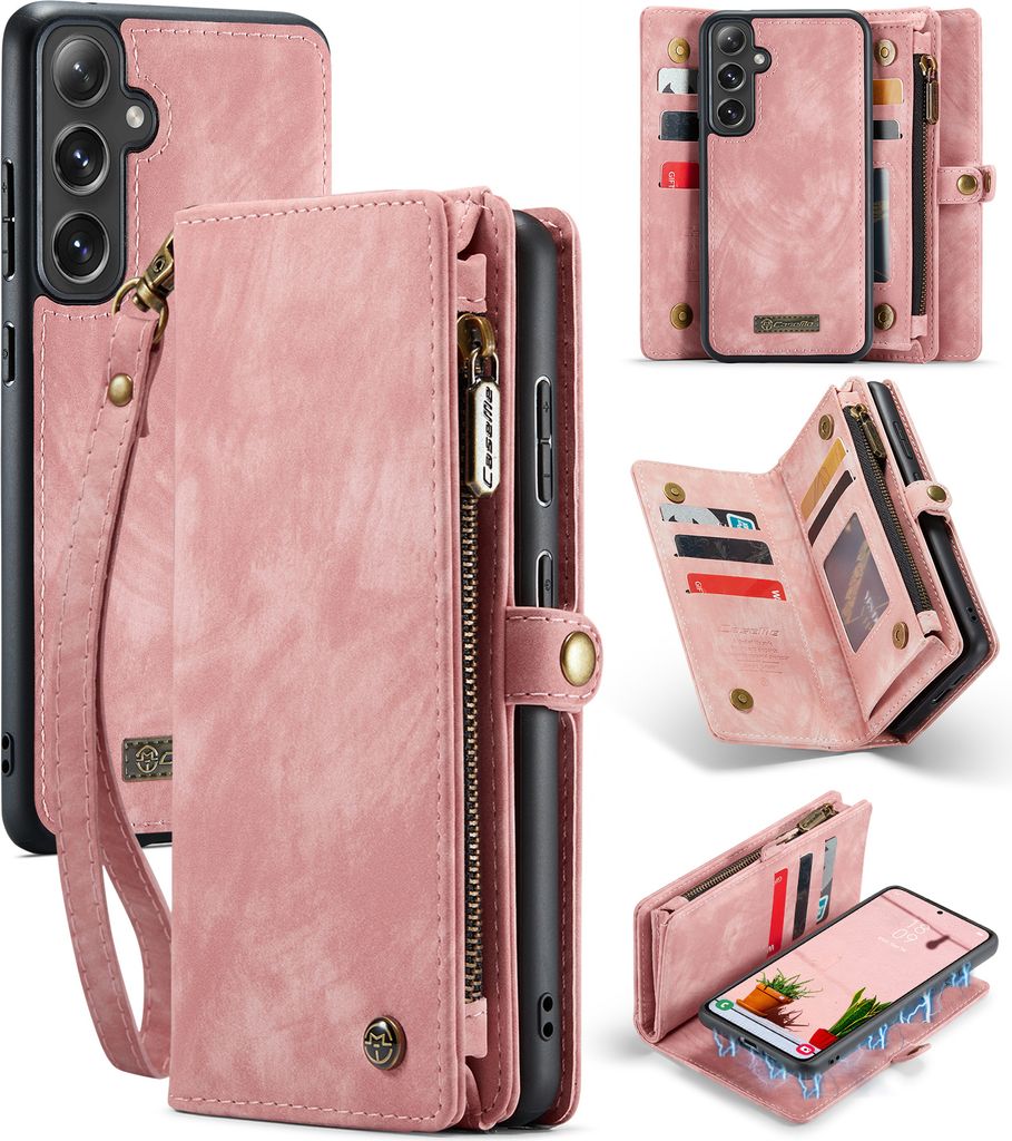 Schutzhülle für Samsung Galaxy S24 FE, Vintage Multifunktions Lederhülle, Kartenfächer, Reißverschluss Hülle Pink