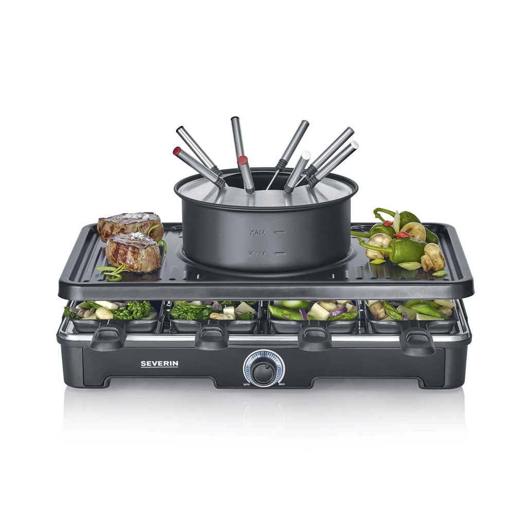 A fondue grill and raclette maker with food items on display.