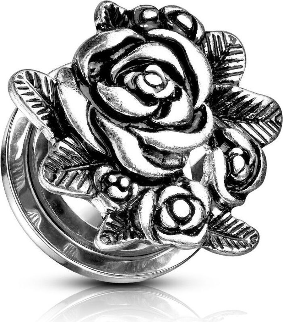 Flesh Tunnel Plug Edelstahl Rose Blume Ohr Piercing Ohrstecker Screw Fit silber 14 mm