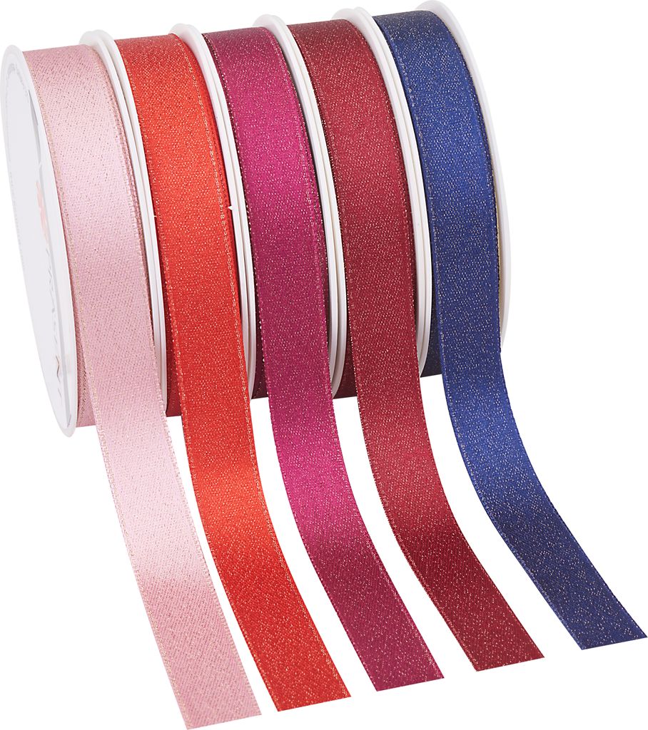 Satinband "Glitter bunt", 5er-Set à 3 m, 15 mm