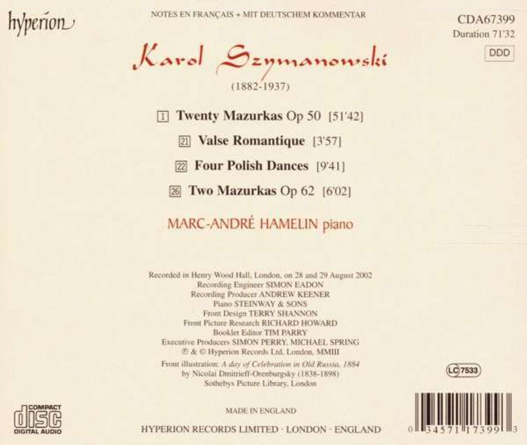 Karol Szymanowski (1882-1937) - Sämtliche Mazurken - - (CD / Titel: H-Z)