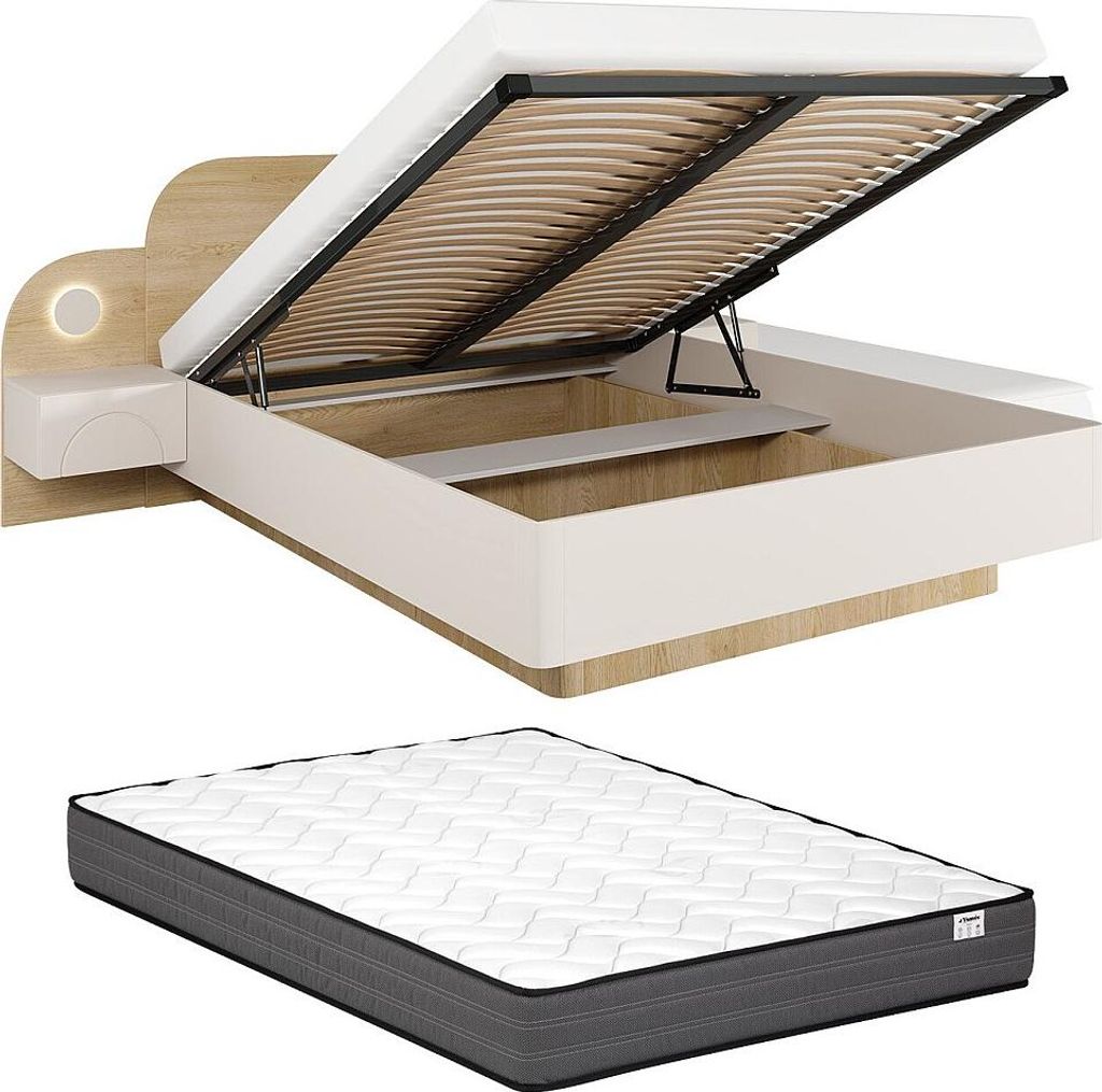 Bettkasten 160 x 200 cm - Mit Nachttischen und LEDs - Beige und Naturholz + Matratze - DARTAGNO