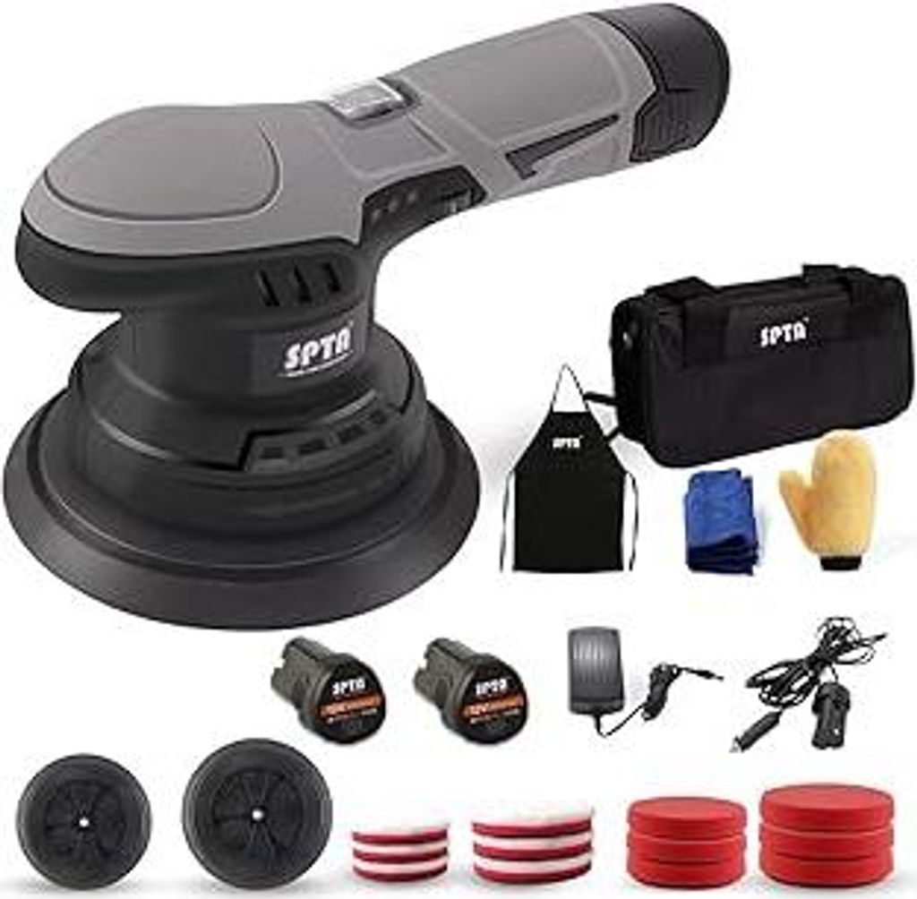 SPTA Akku Wachsmaschine, 125mm, 150mm Dual Action Poliermaschine Polierer mit 6 Stufen, austauschbare Akkus 12V, 2X Polierhauben, 6X Polierschwamm,...